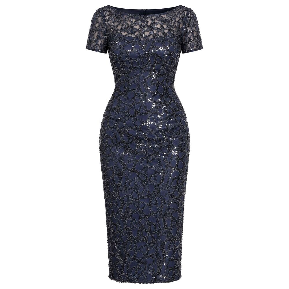 Belle Badgley Mischka Navy Nude Sequin Lace Sheath Cocktail Dress